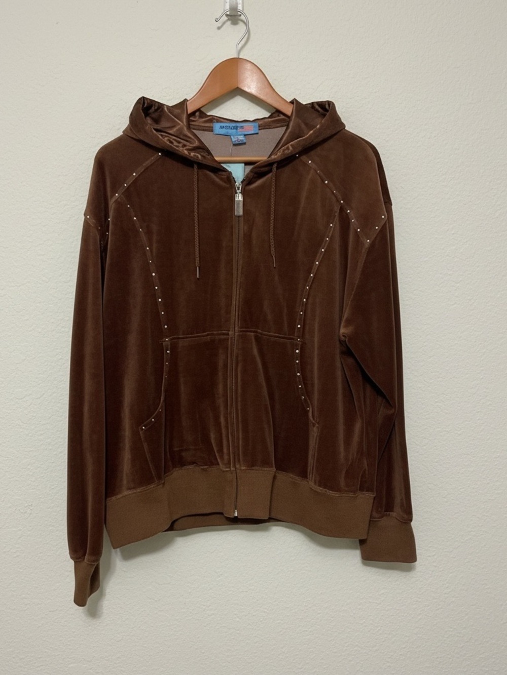 Apollo NWT Vintage Y2K Camel Velour pocket sequin stud ribbed cuff hoodie 2x